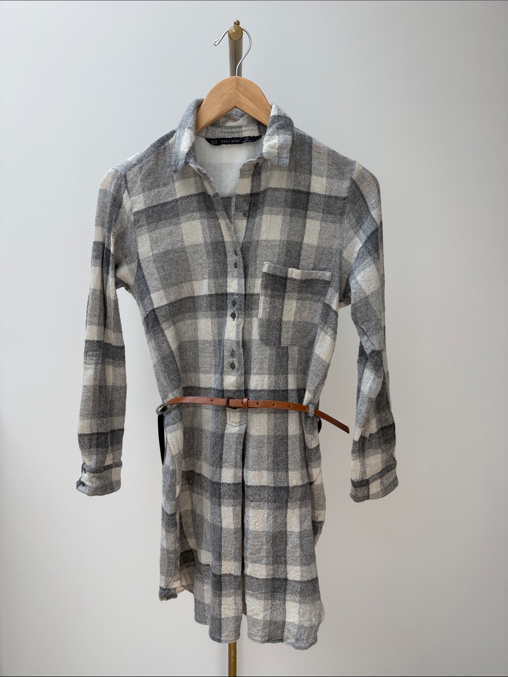 ZARA Belted Plaid Shirt Dress in Gray XS